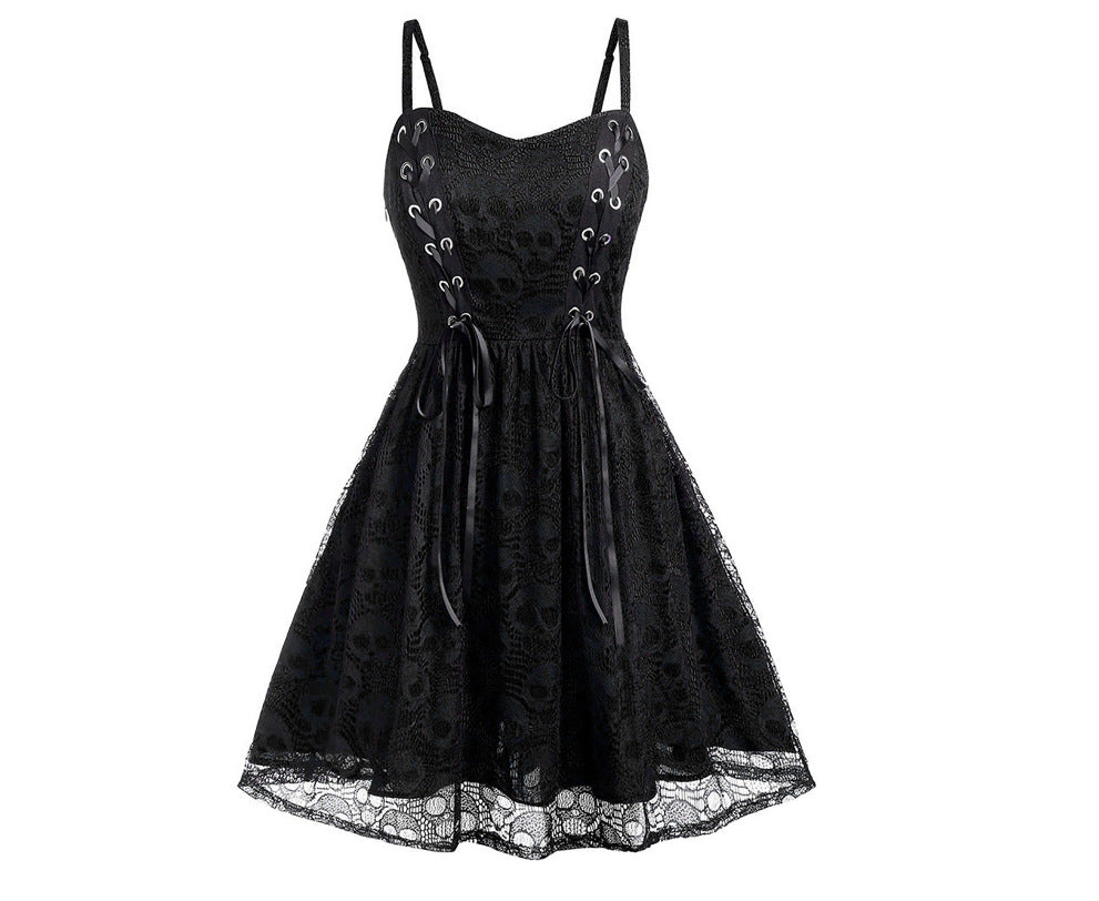 Women's Stitching Skull Mesh Sleeveless Sling Drawstring Dresses