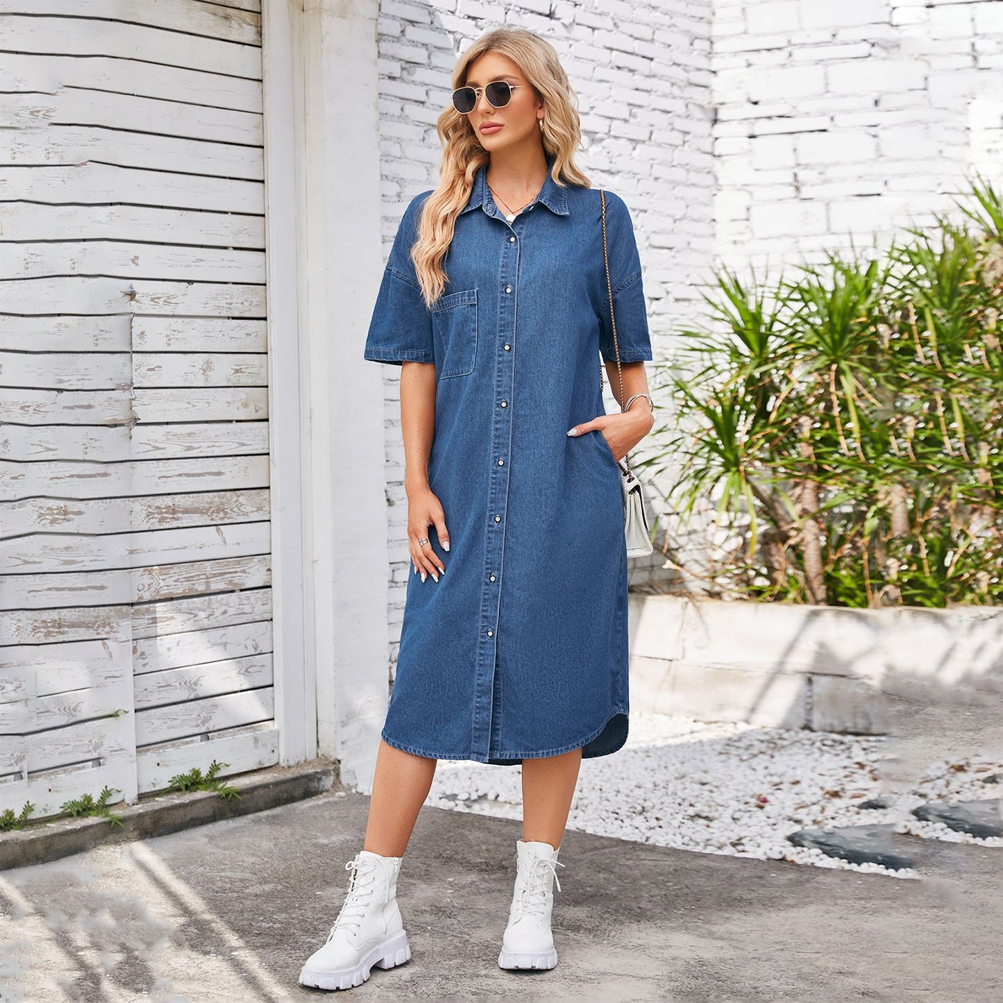 Robe longue ample à manches en denim délavé pour femme