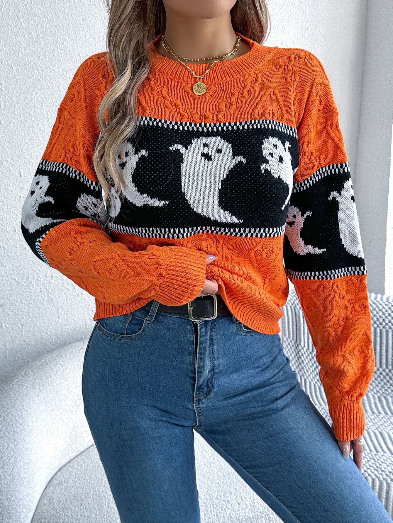 Women's Halloween Theme Ghost Contrast Color Long Sweaters