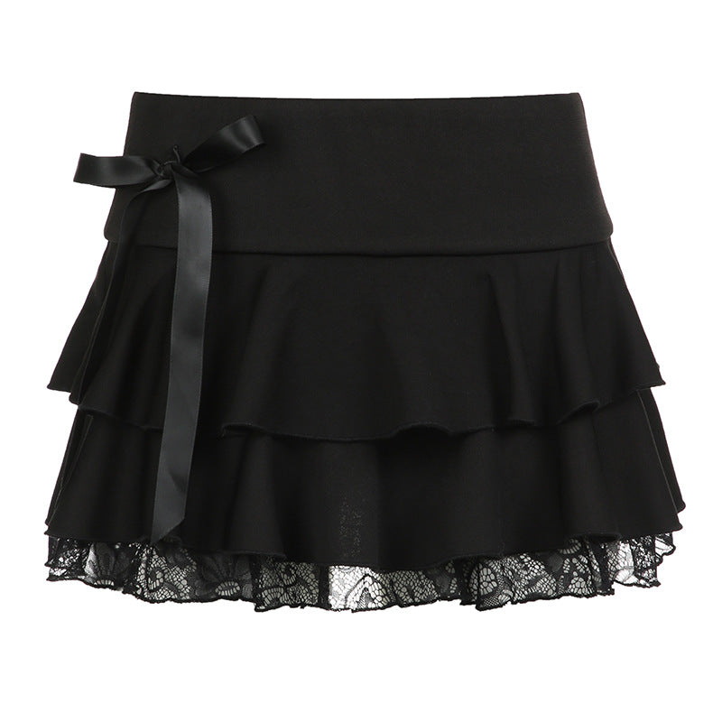 Bow Element Lace Stitching Sexy Low Skirts