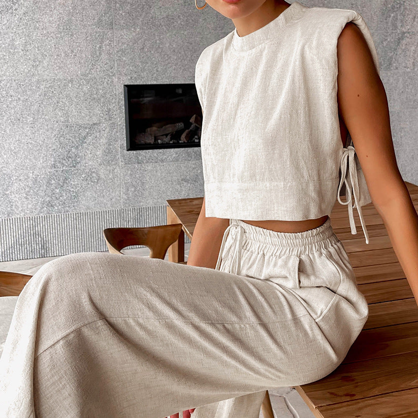 Women's Shoulder Sleeveless Trousers Two-piece Casual Fashion Tops