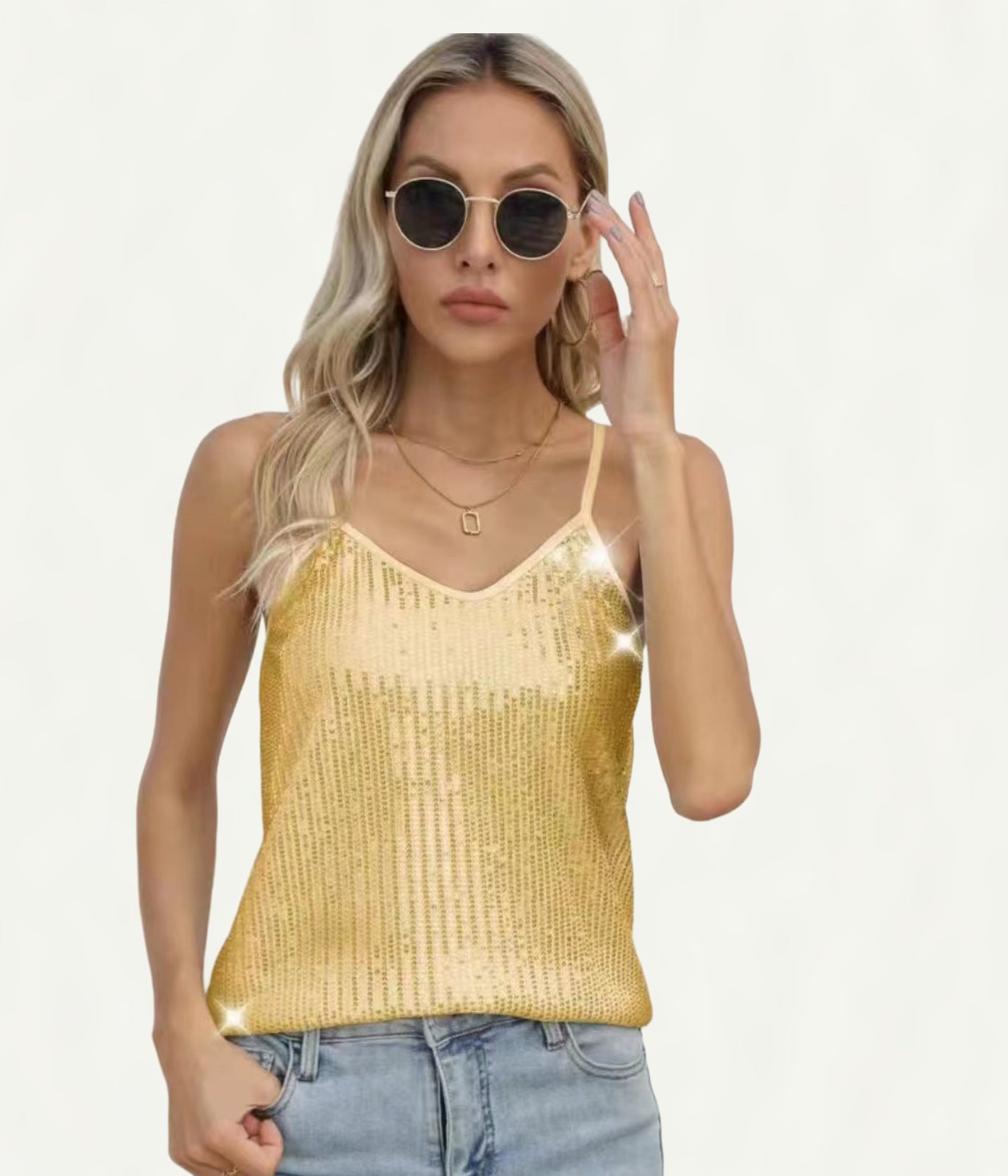 Sequins Sleeve Casual Sequin Deep V Tops