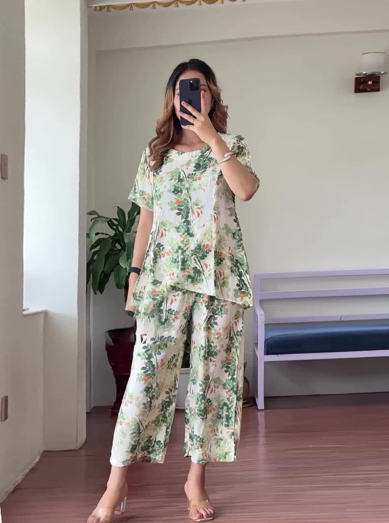 Ensemble pantalon fendu à manches courtes et imprimé floral d'été