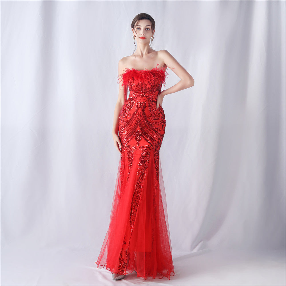 Positioning Flower Cutting Tube Sequin Gauze Evening Dresses