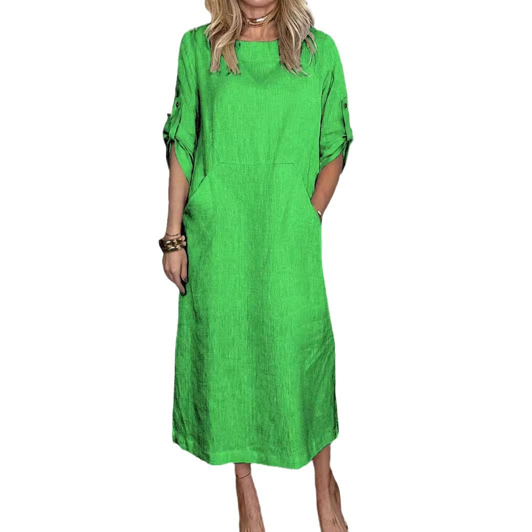 Women's Casual Round Neck Double Side Pocket Dresses