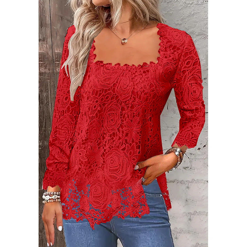 Square Collar Lace Bottoming Shirt Long Blouses