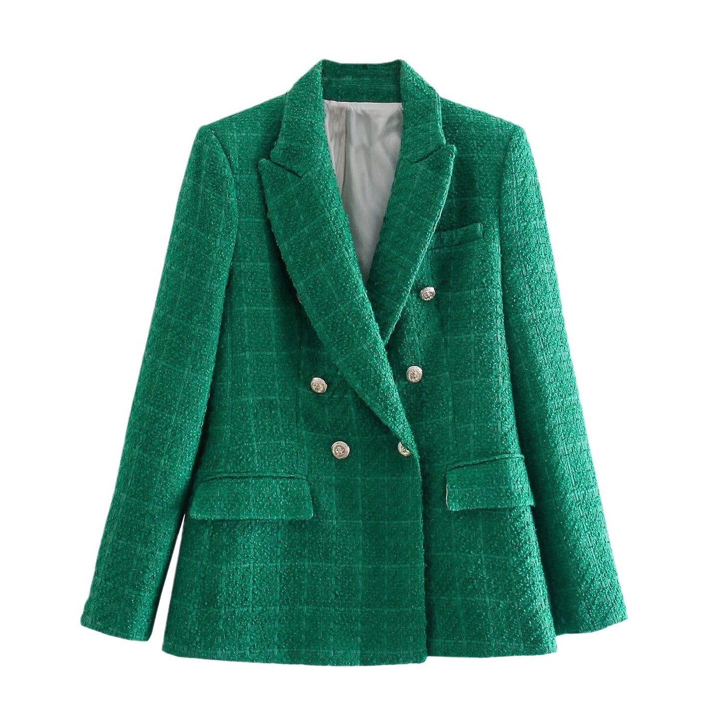 Women's Fashionable Double-breasted Tweed Plaid Vintage Long-sleeved Blazers