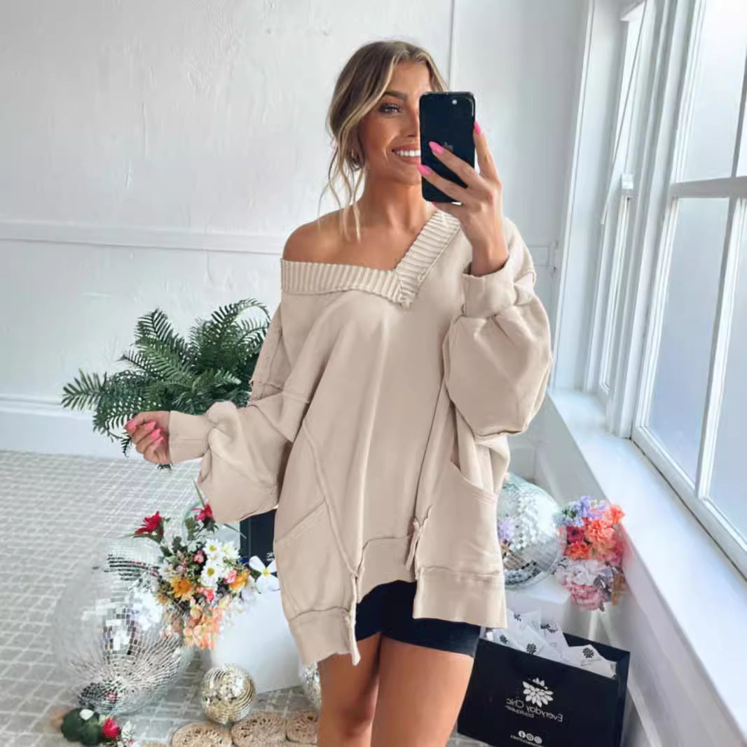 Women's Wear Lantern Sleeve Loose Irregular Hem Design Sweaters