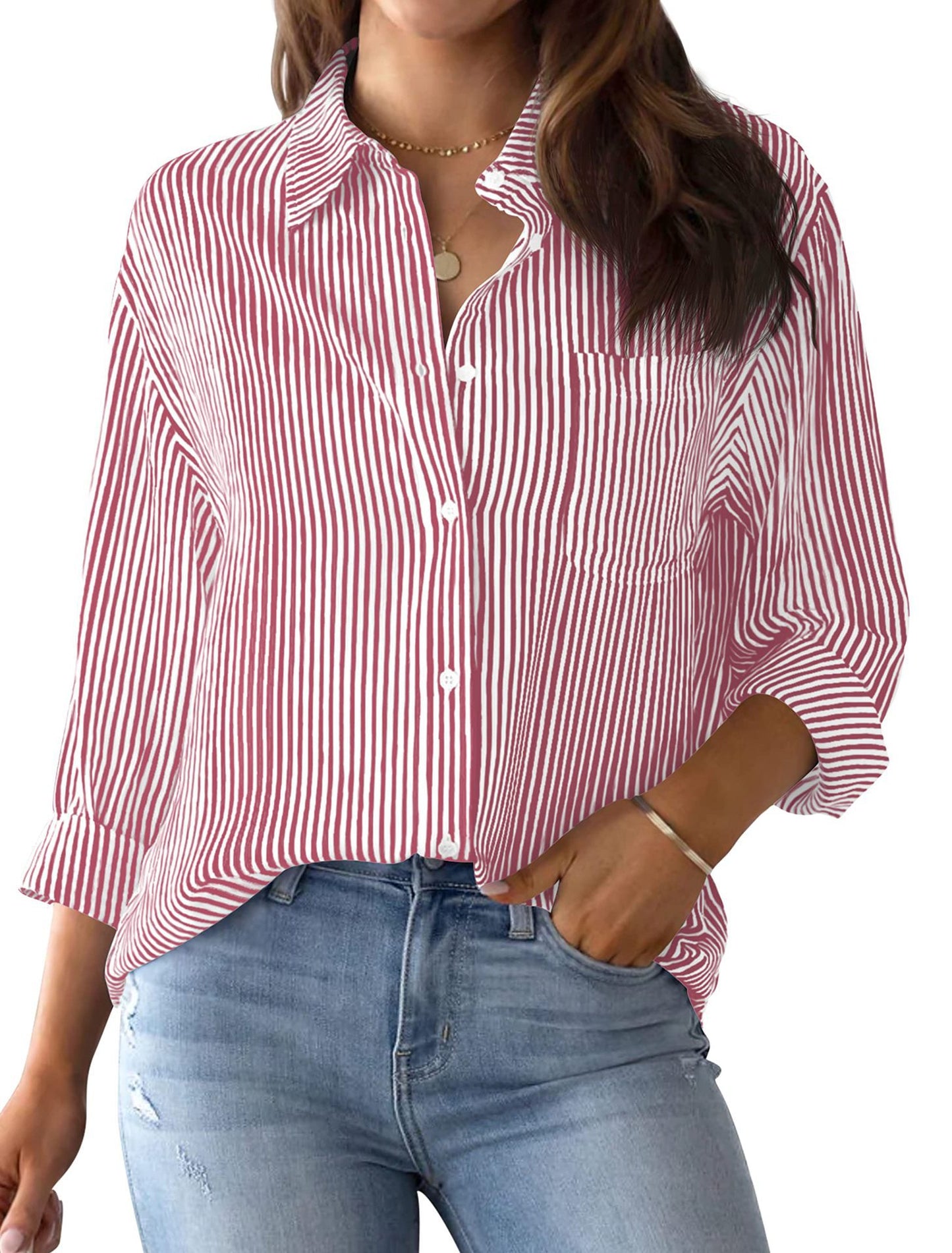 Women's For With Pocket Loose Striped Classic Long Blouses