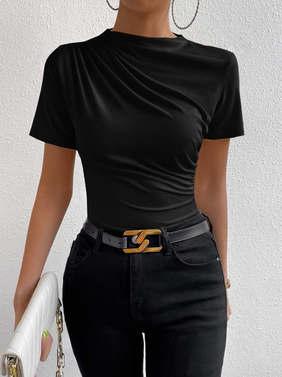 Women's Short-sleeved T-shirt With Small Turtleneck Pleating Blouses