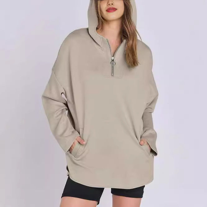 Sweat-shirt à capuche zippé à demi-col roulé pour femme