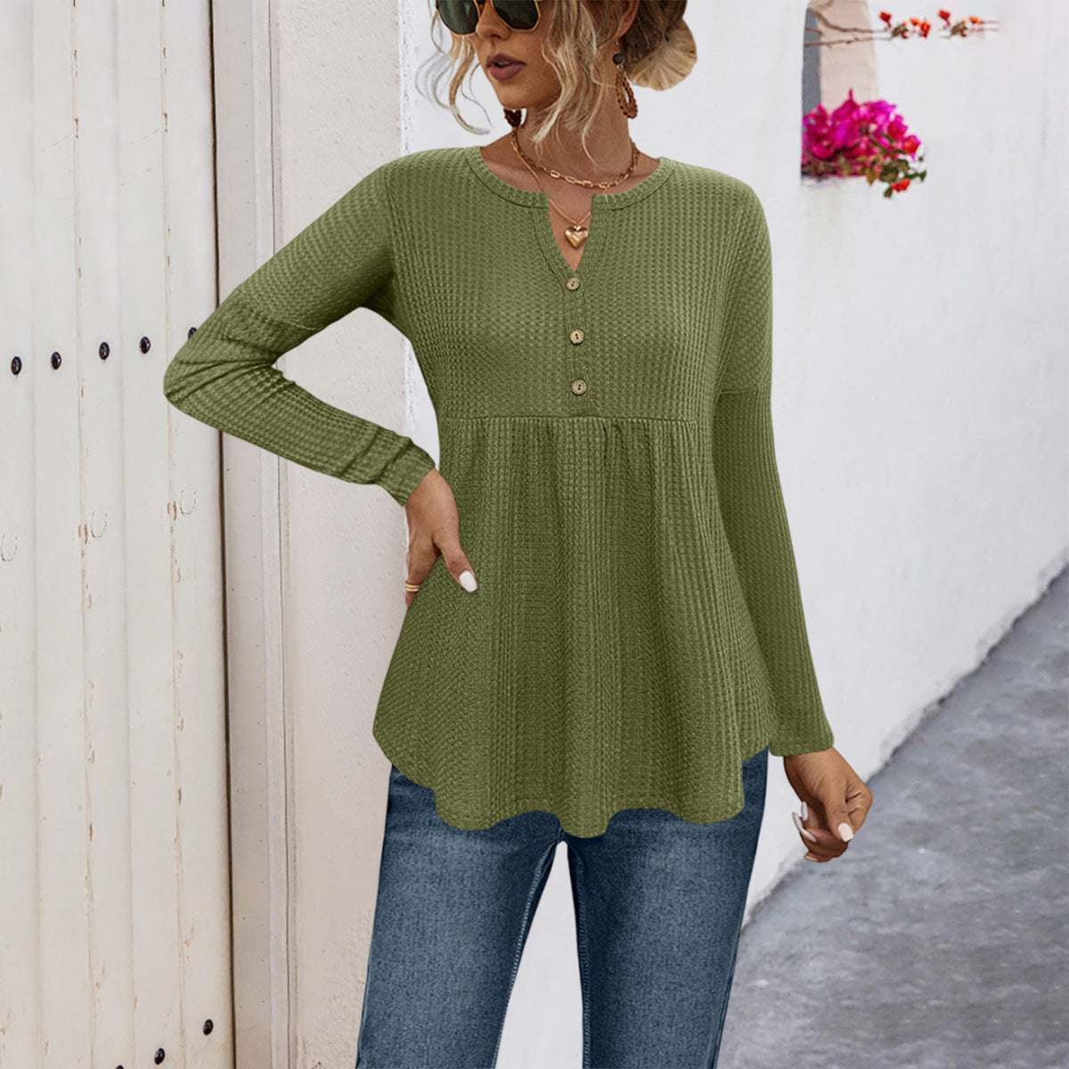 Elegant Classy Placket Open Button Knitted Tops