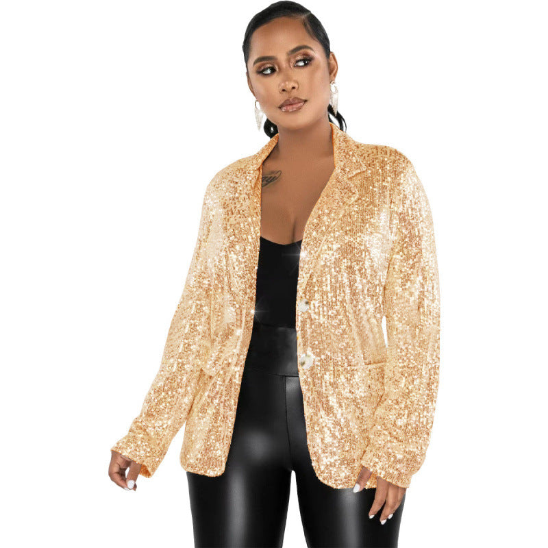 Women's Casual Long Sleeve Sequined Button Pocket Blazers