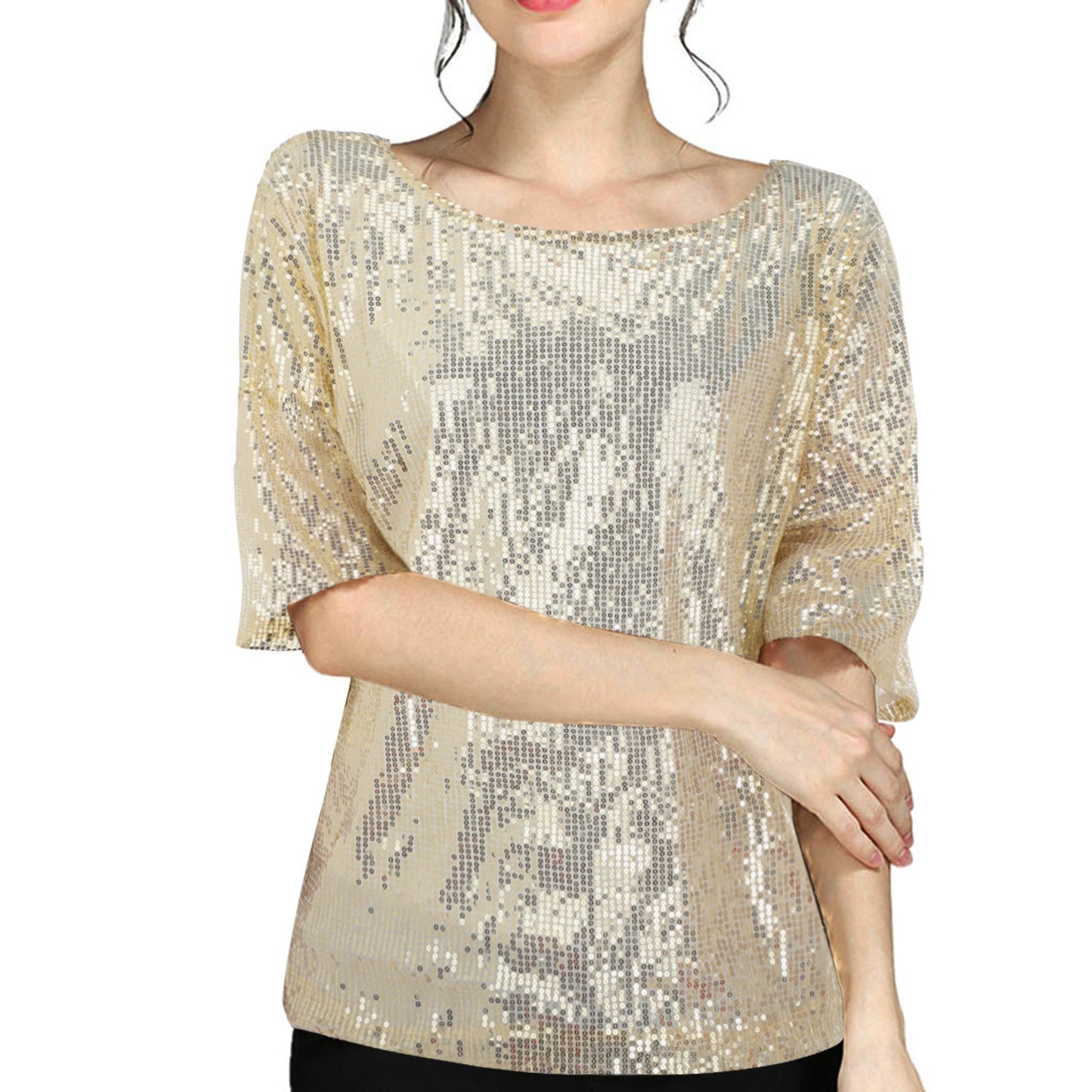 Women's Sleeve Solid Color Sequin Sequined T-shirt Knitwear