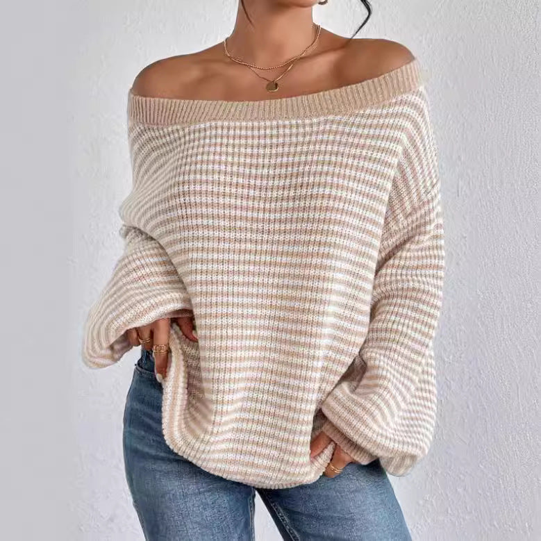 Women's Contrast Color Striped Lantern Sleeve Knitwear