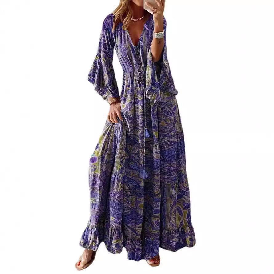 Robe de vacances bohème à manches évasées et taille haute imprimée