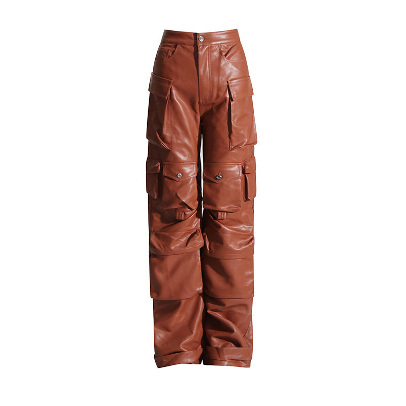 Women's Trousers Autumn Personality Stitching Loose Leather Pants