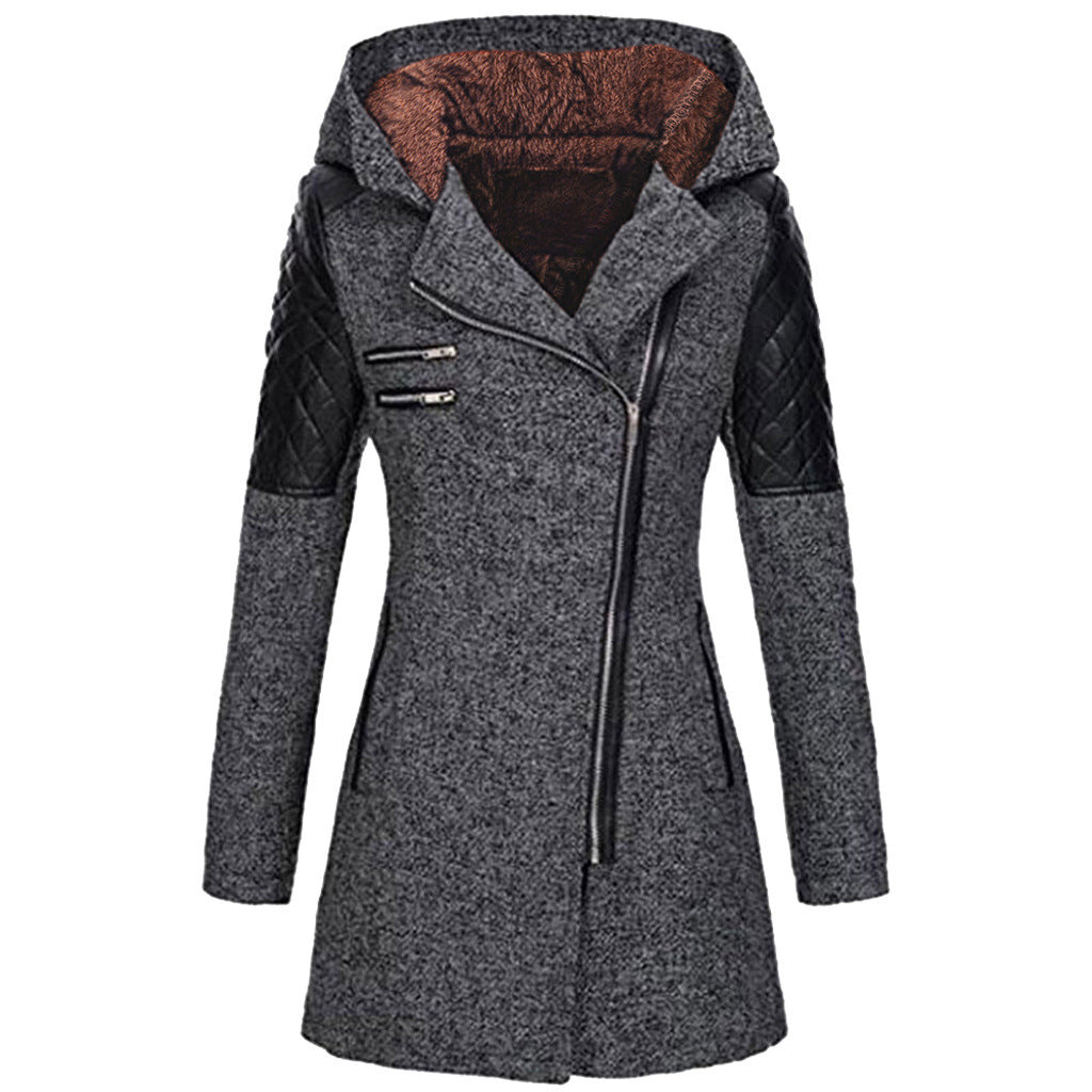 Women's Oblique Zipper Hooded Woolen Trench Mid-length Coats