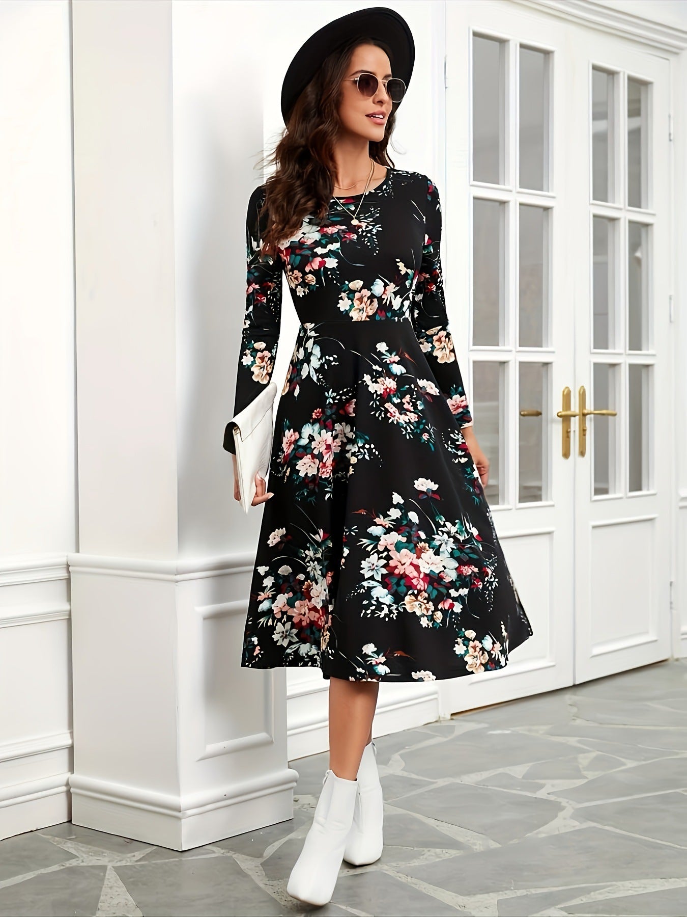 Robe vintage à fleurs pour femmes, manches élégantes, robes mi-longues