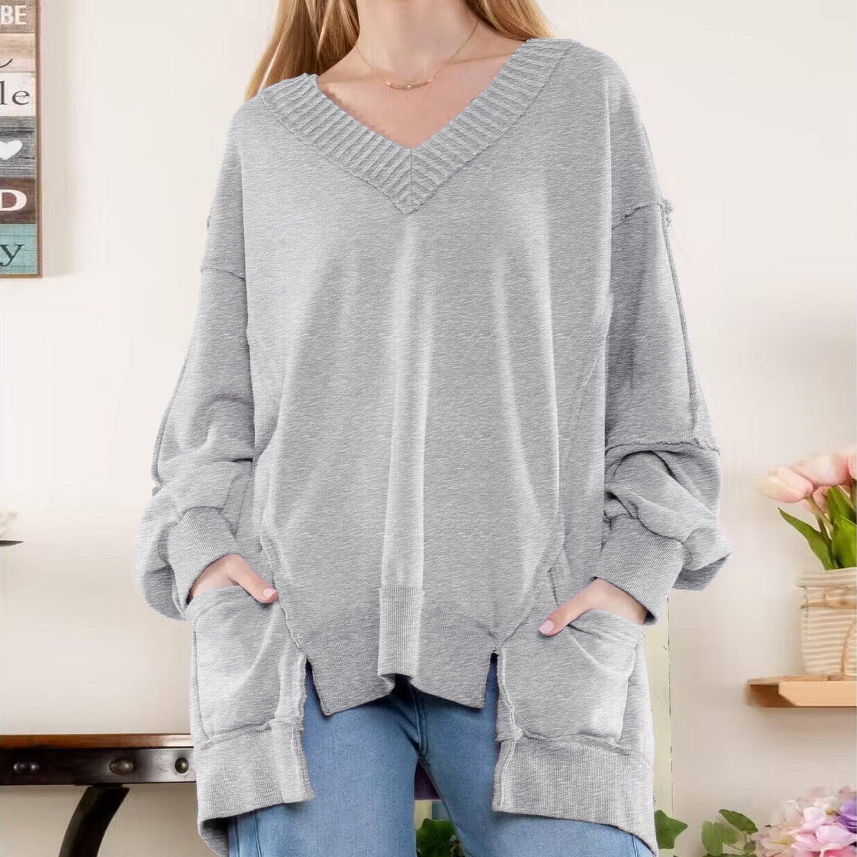 Women's Wear Lantern Sleeve Loose Irregular Hem Design Sweaters