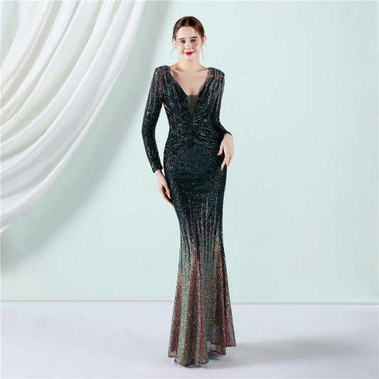 Gradient Sequin Long Sleeve Dress Fashion Evening Dresses