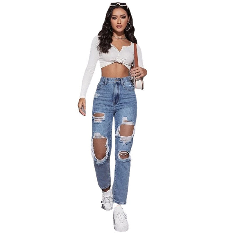 Women's Ripped Trend Water Washed Hole High Jeans