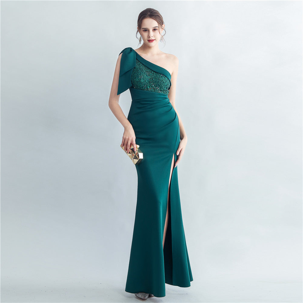 Beaded Oblique Shoulder Roman Collar Side Evening Dresses