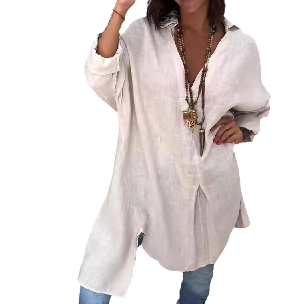 Women's Casual Cotton Linen Slit Loose Shirt Blouses