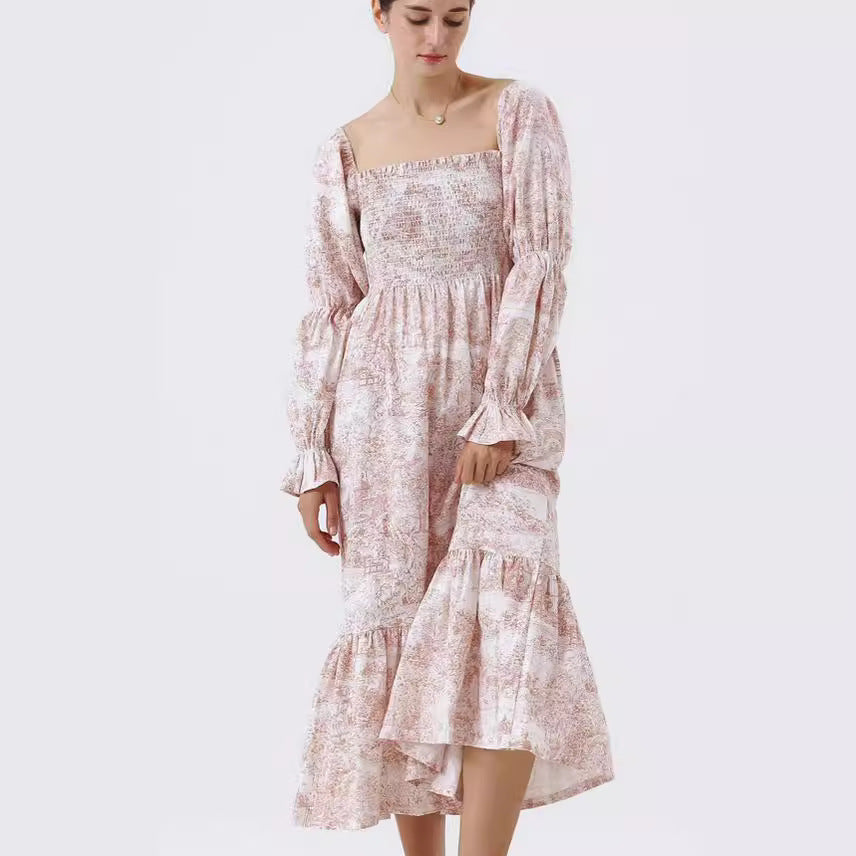 Robe en mousseline de soie à manches pour femmes, robes imprimées à col carré de printemps