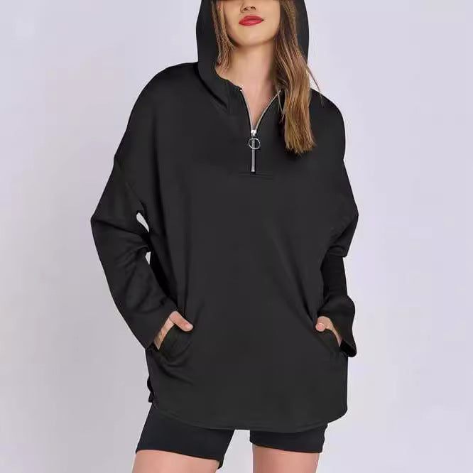 Sweat-shirt à capuche zippé à demi-col roulé pour femme