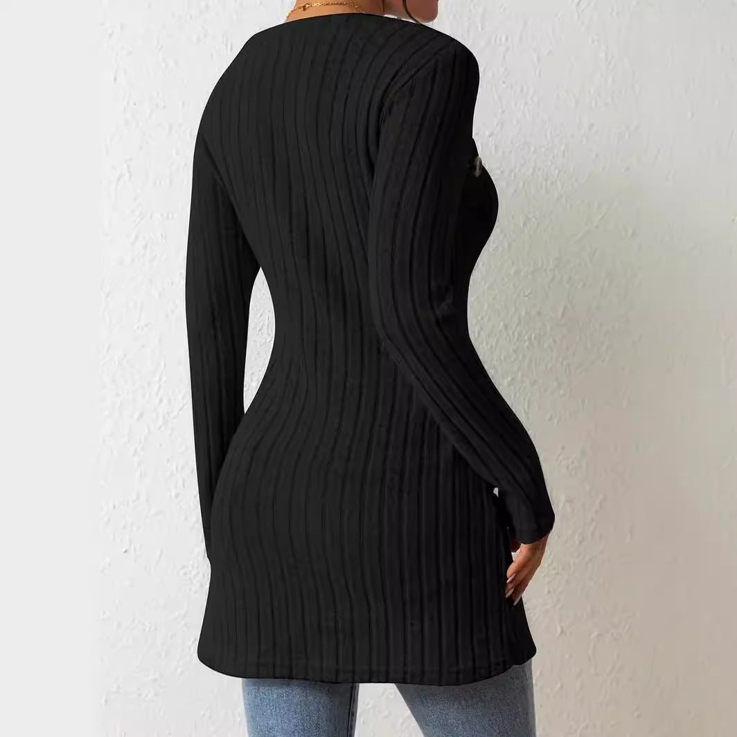 Women's Long Sleeve Knitted Square Collar Irregular Knitwear