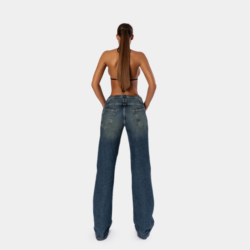 Women's Waist Design Loose Straight Minimalist Basic Jeans