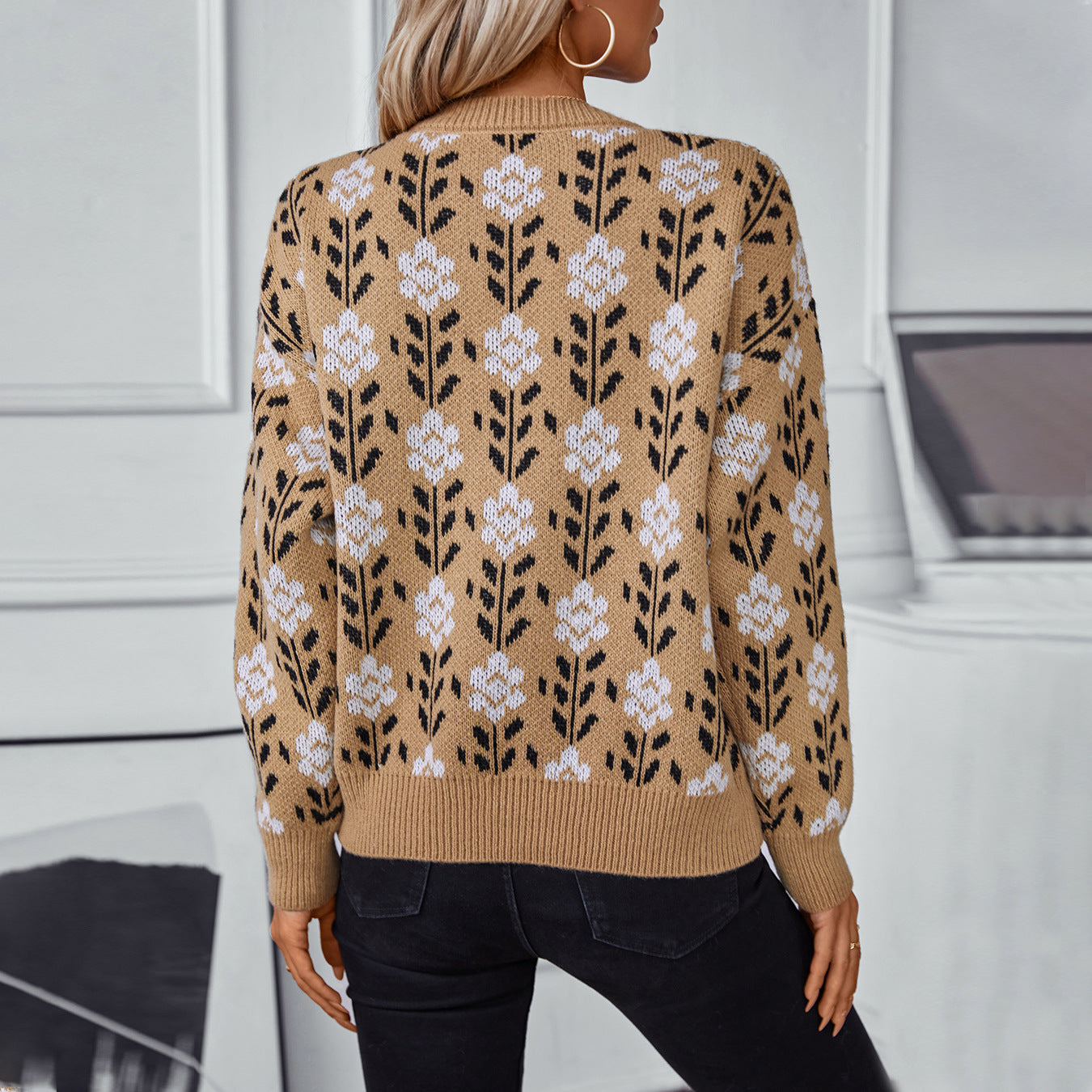 Pull jacquard fleuri pour femme, pull à manches longues tendance