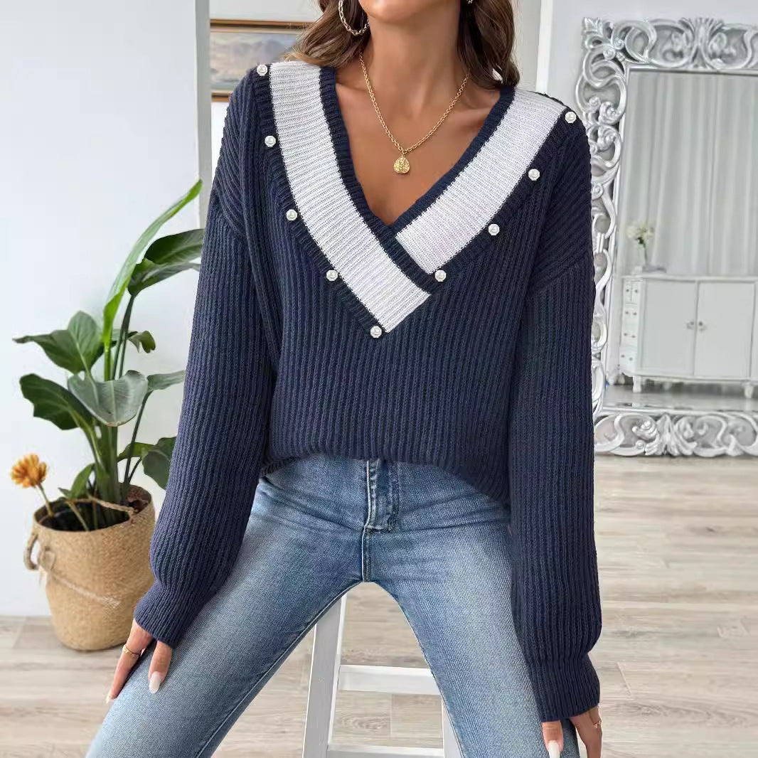 Pulls larges en patchwork de couleurs contrastées avec perles pour femmes