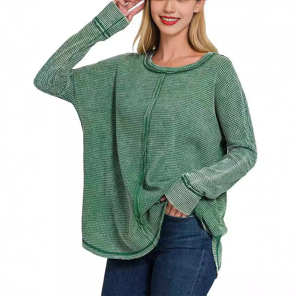 Women's Washed Waffle Cotton Long-sleeved T-shirt For Blouses