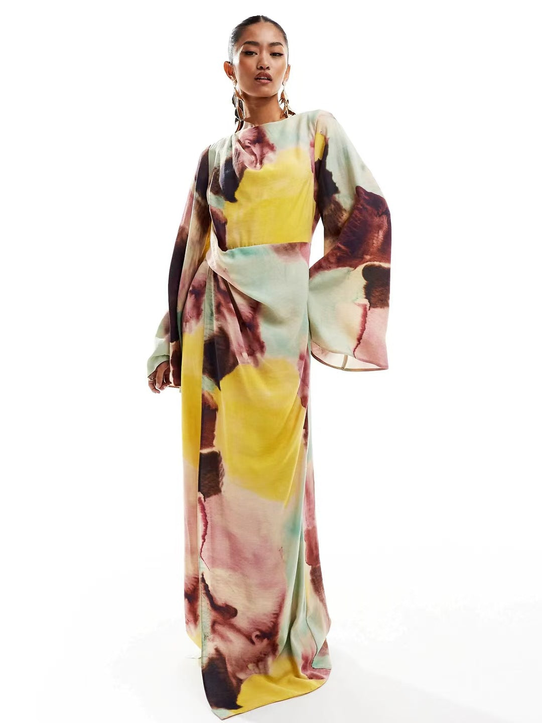 Women's Pleated Print Flared Sleeves Long Maxi Dresses