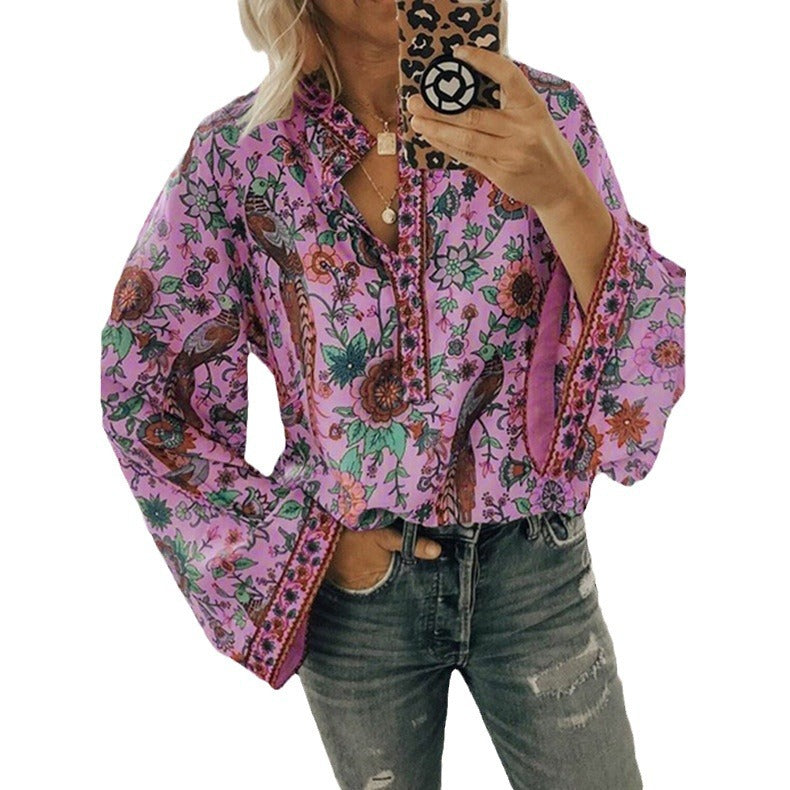 Autumn Peacock Printings Loose Shirt Button Blouses