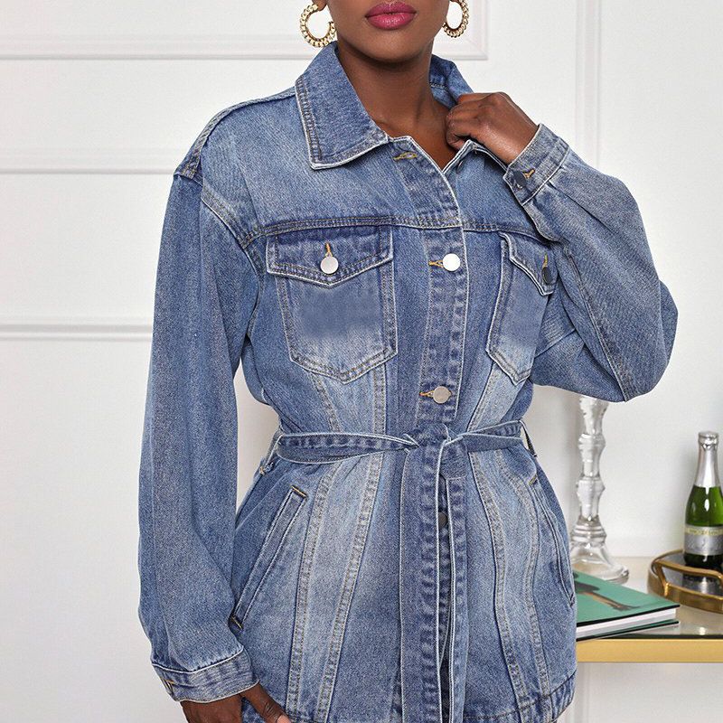 Women's Mid-length Denim Casual Trench With Belt Jackets