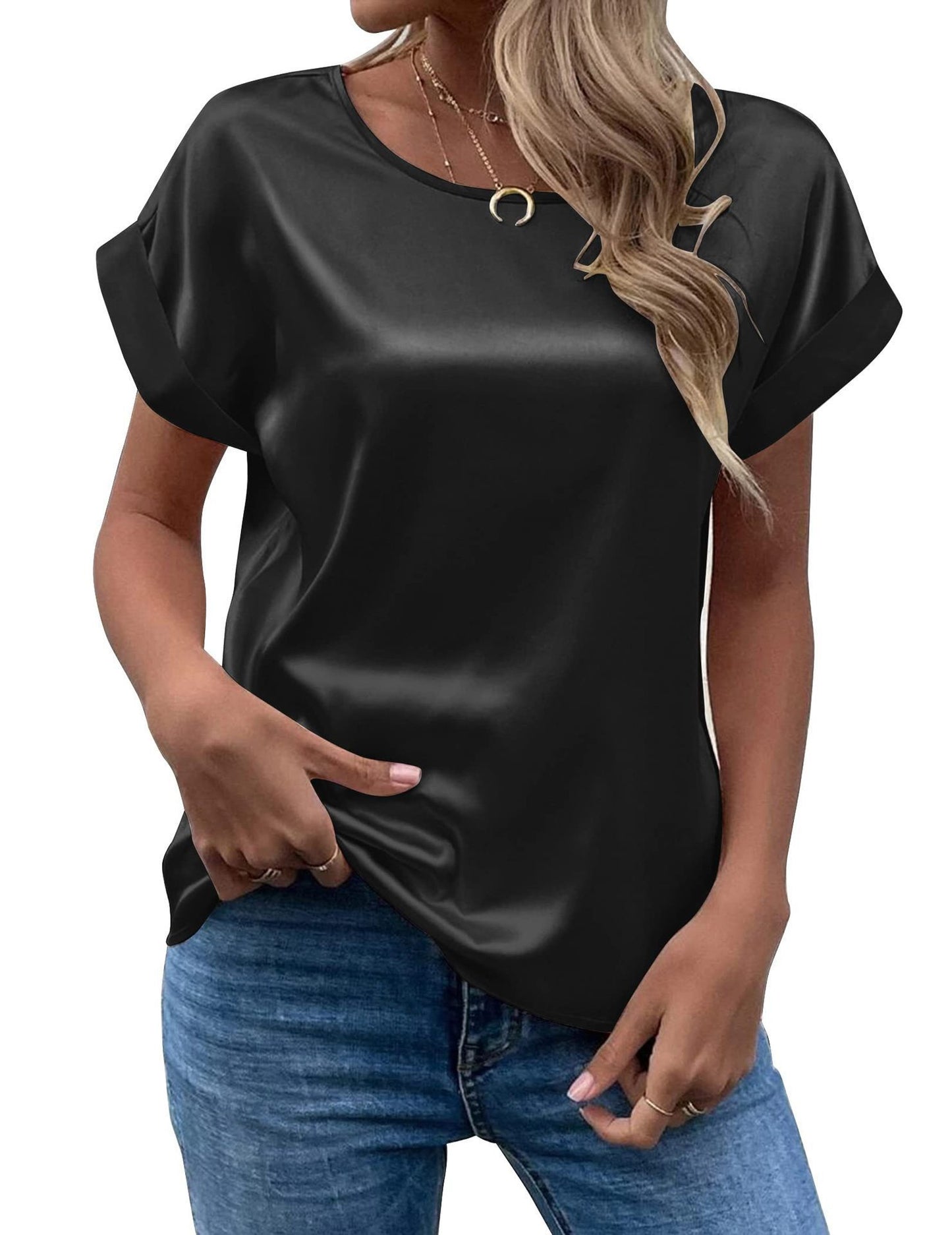 Women's Short-sleeved Satin Shirt Loose-fitting Casual T-shirt Blouses