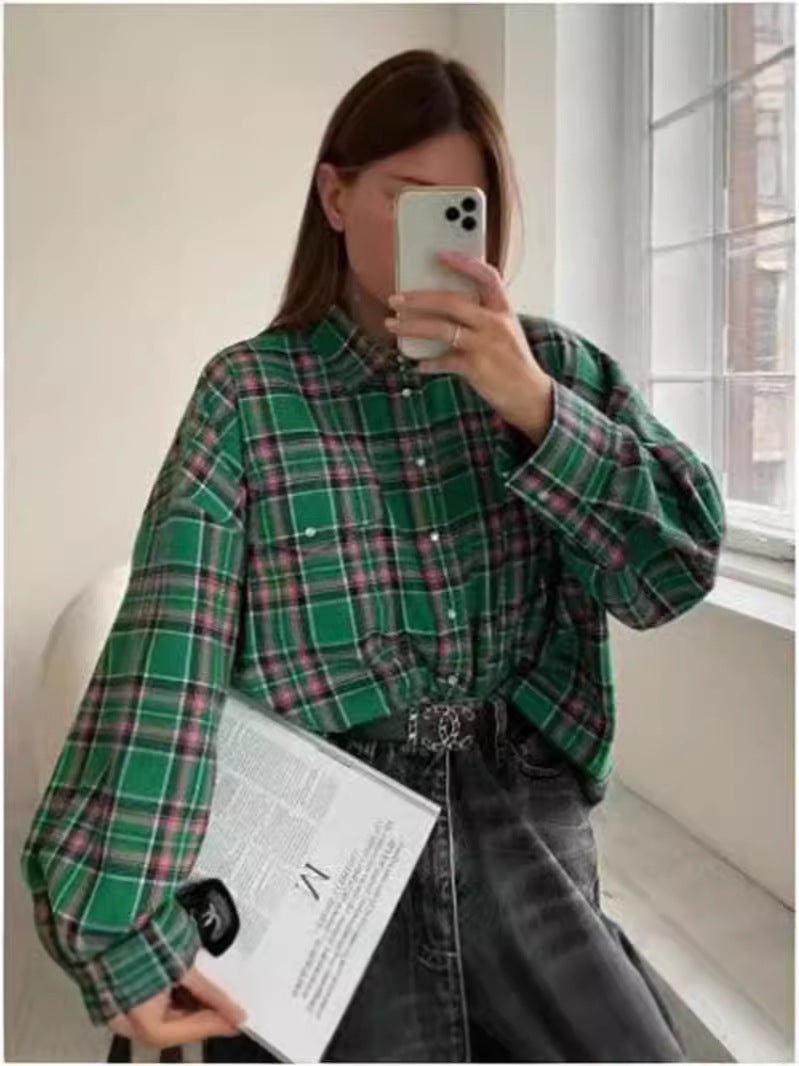 Women's Retro Style Lapel Loose Shirt Plaid Long Blouses