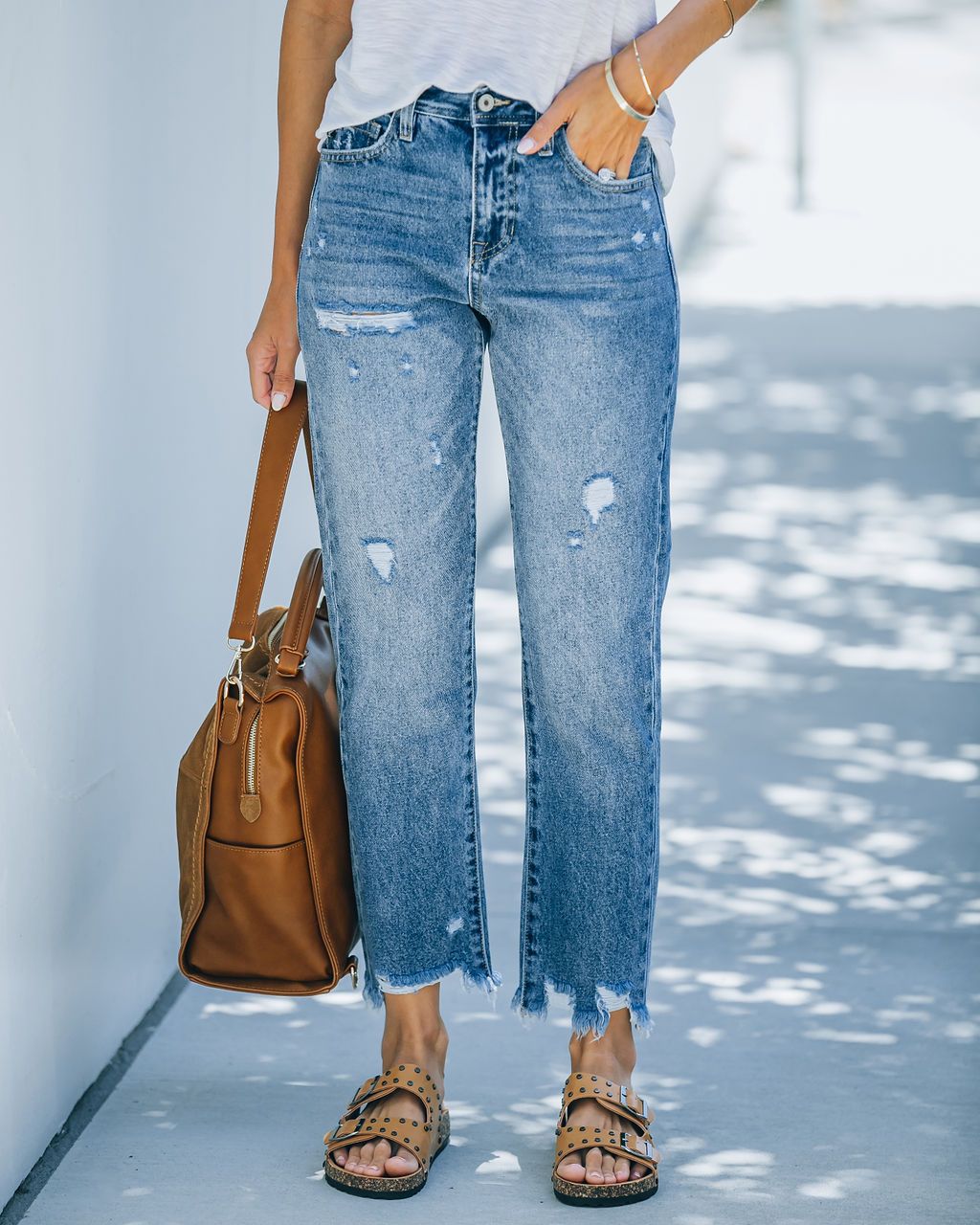 Women's Light Blue With Holes Casual Cropped Jeans