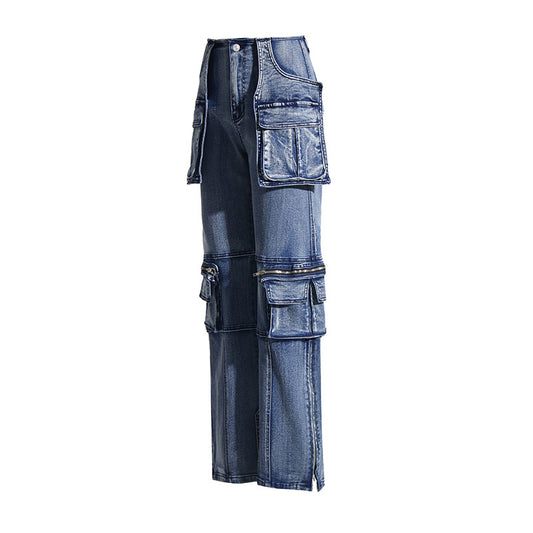 Women's Large Pocket Slimming Patchwork Denim Trousers Jeans