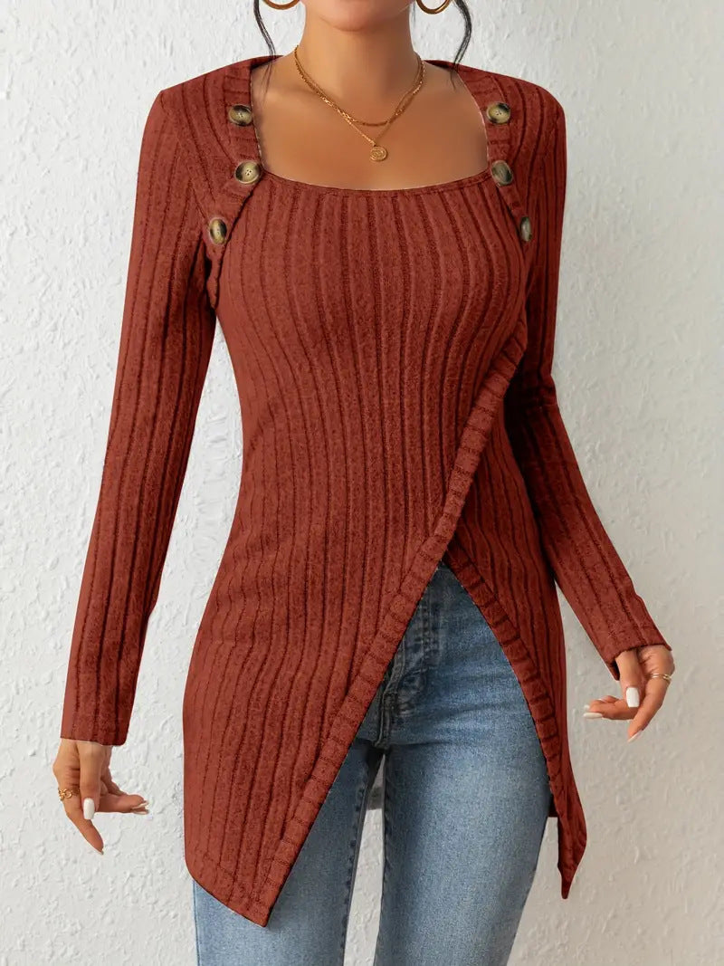 Women's Long Sleeve Knitted Square Collar Irregular Knitwear