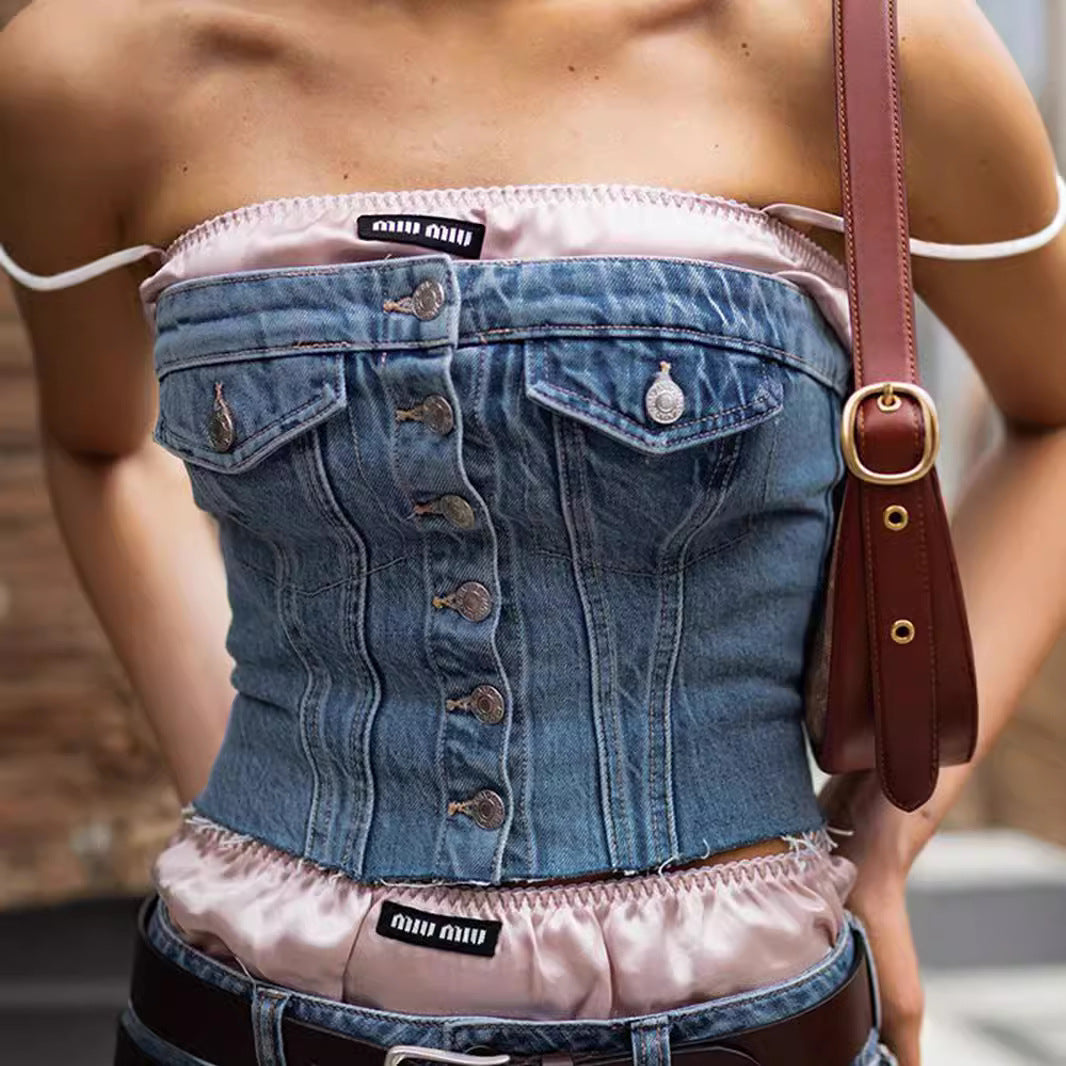 Hauts d'été en denim à imprimé floral pour femmes