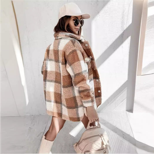 Women's Long Sleeve Double Pocket Plaid Furry Coats