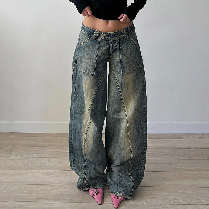 Women's Basic Washed Split Low Waist Loose Jeans