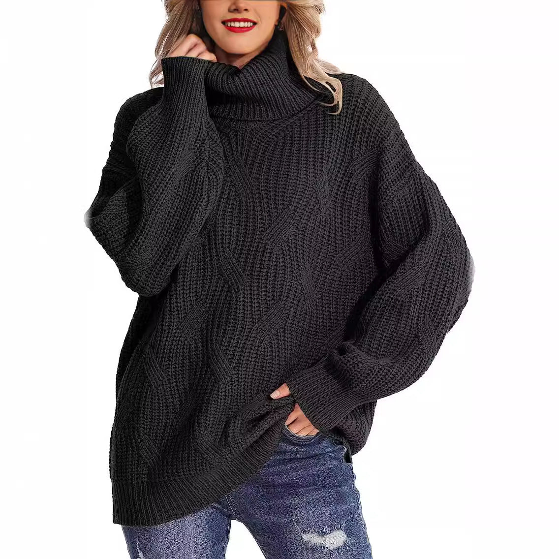 Women's Loose High Collar Twisted Knitted Pullover Sweaters