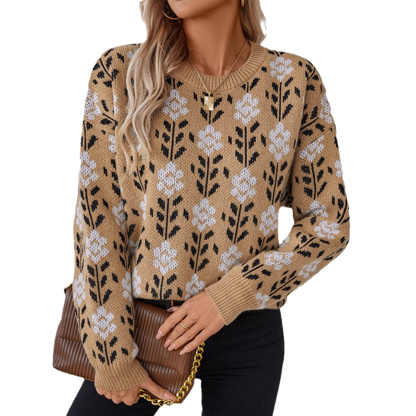 Pull jacquard fleuri pour femme, pull à manches longues tendance