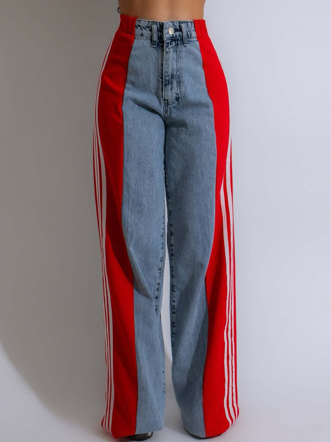 Women's Summer Fashion Stitching Three Striped Wide Leg Jeans