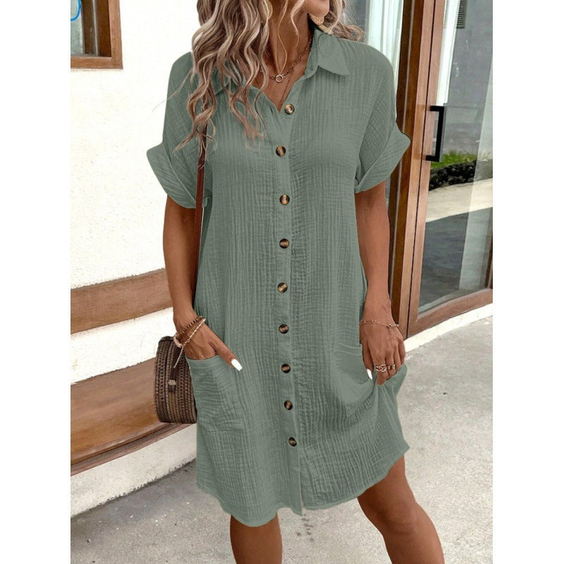 Robe d'été simple en coton et lin à boutons pour femmes